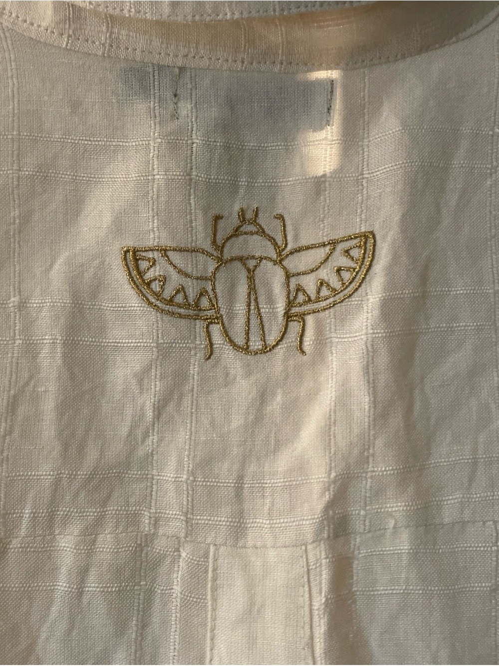 Kim Van Lou Linen Blend Oversized Blouse White Embroidered Scarab Beetle S/M - Picture 6 of 6